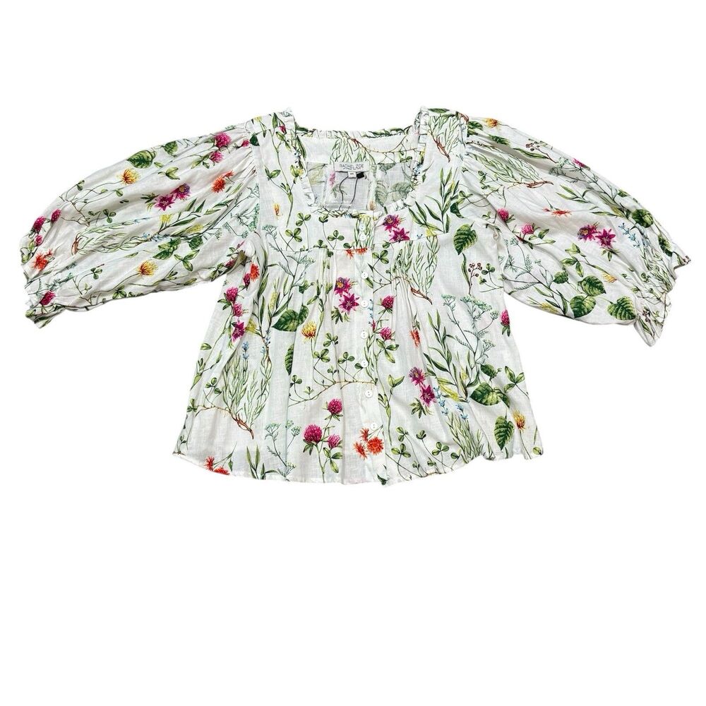 Rachel Zoe Floral Puff Sleeve Linen Blend Blouse Size XS Cottage